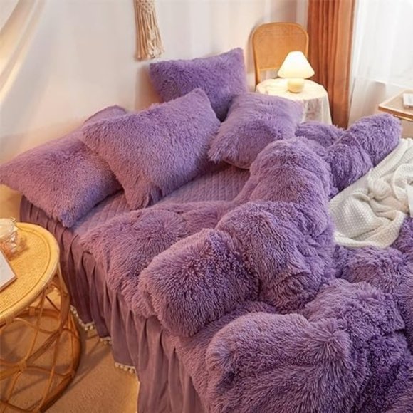 Fluffy Comforter Cover Queen Set，Faux Fur Purple Bedding Sets Queen OR King  3 P - Picture 6 of 7